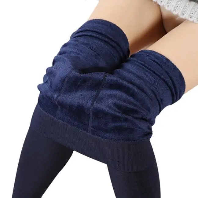 Vrouw Winter Thermische Pluche Broek Zachte Rekbare Leggings Hoge Taille Fleece Gevoerde Panty Effen Kleur Warme Leggings Marineblauw