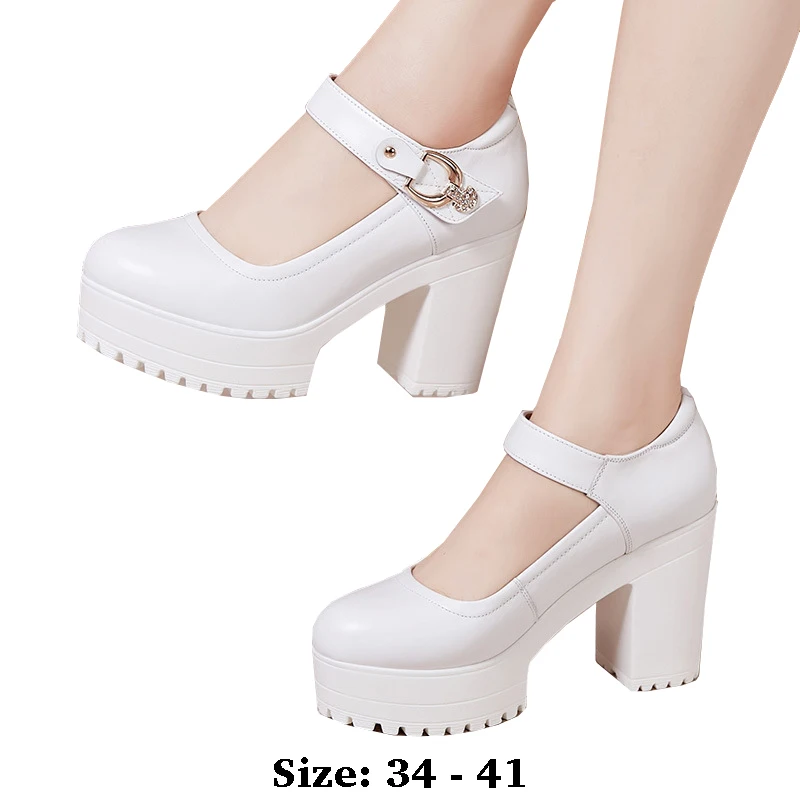 

High quality leather shoe for women 6cm 8cm 10cm high heel platform round toe 34 35 elegant office autumn shoe black white