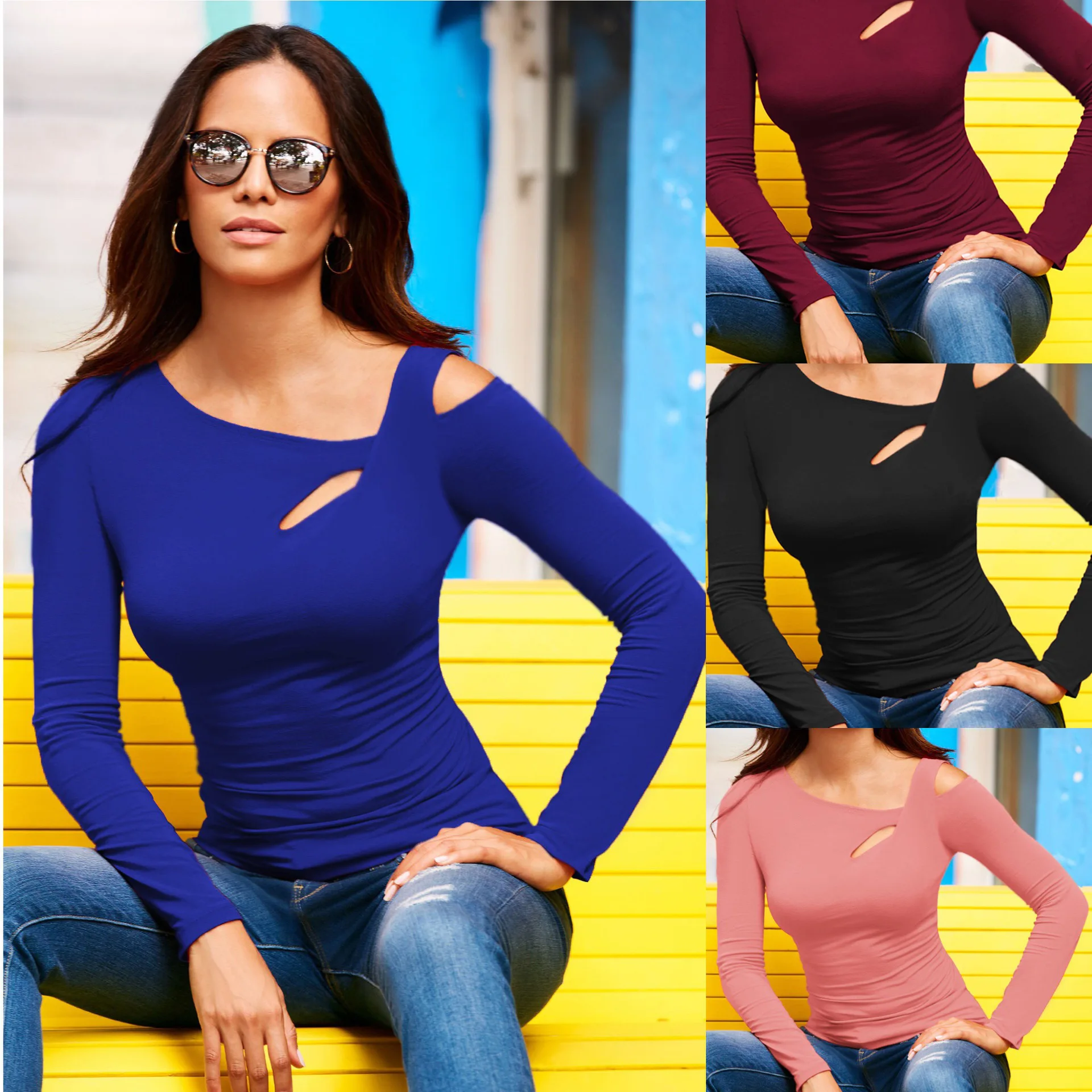 T-shirt Long Sve à épaules obliques pour femmes, Sexy, tendance, Dr, automne 20224, autre matériau 00%