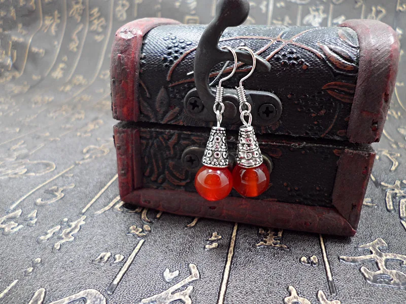 New Fashion Imitation Red Obsidian Drops Of Water Round  Earrings Natural Authentic Tower Red Agate Earrings Women\'s Jewelry