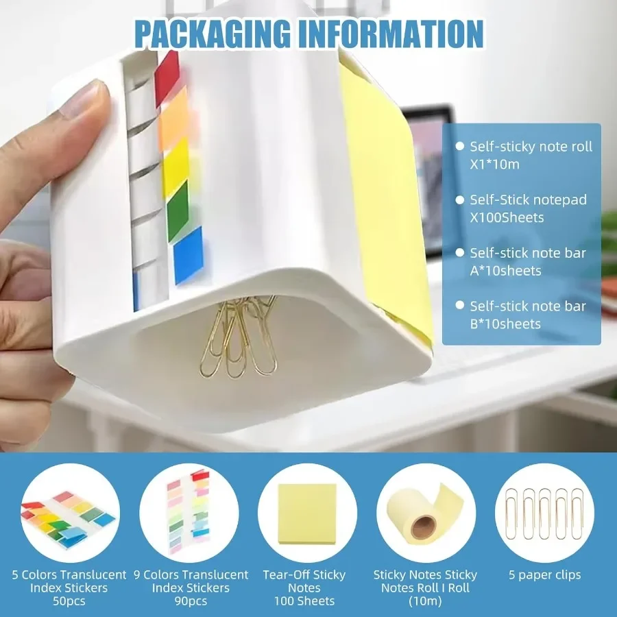 5in1 Sticky Note Dispenser and Holder with Pop Up Notes Transparent Tabs Magnetic Paper Clip Holder Roll Sticky Notes Multifunc