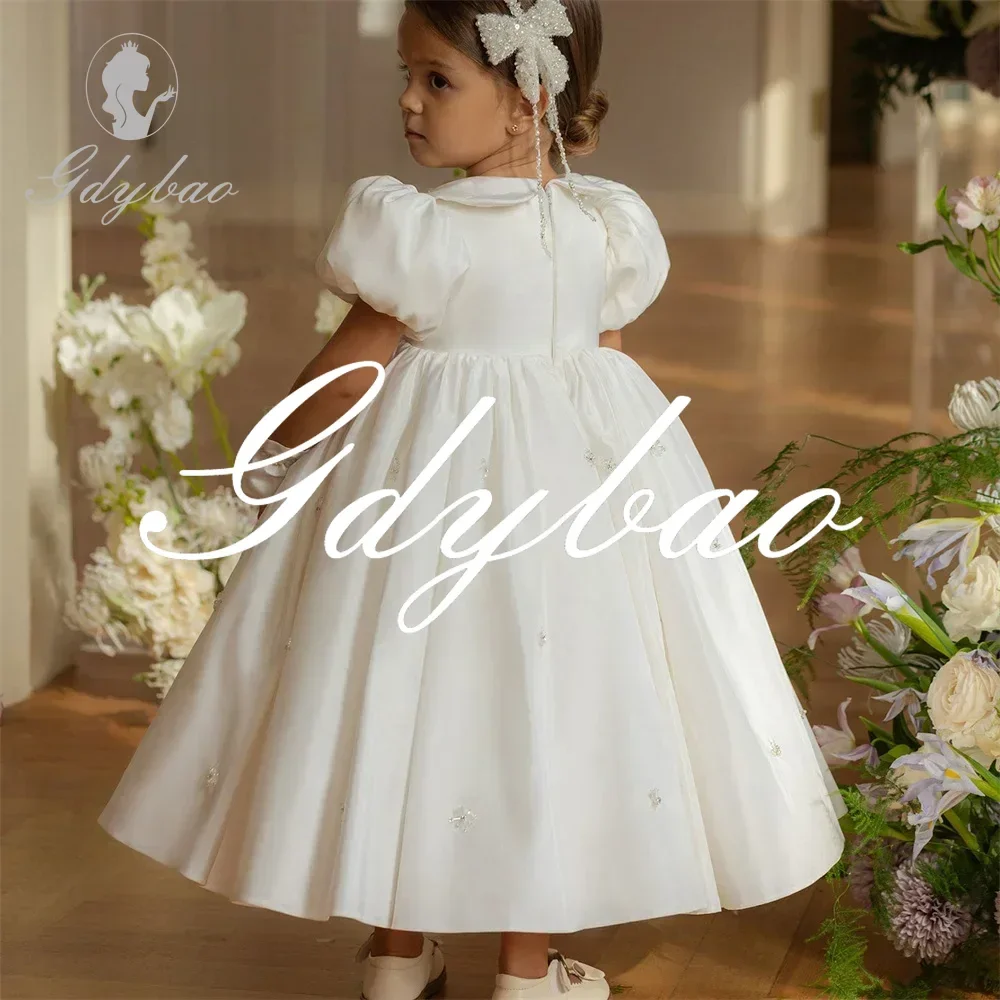 Puff Sleeve Crystals A Line Princess Communion Dress Ankle Length Classic Style Sweep Train Formal Long Wedding Party Girl Gown