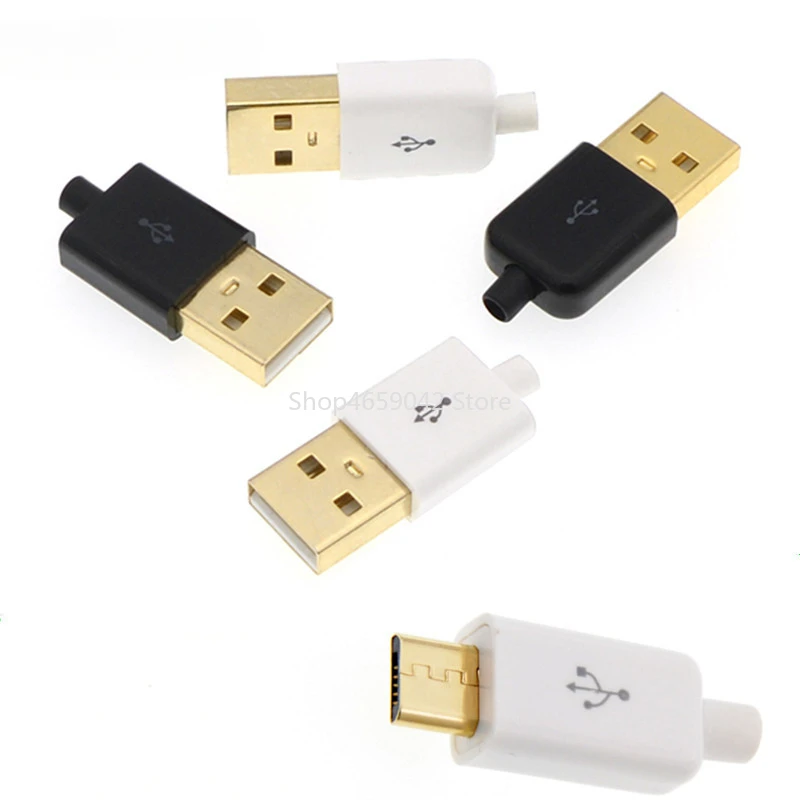 Conector soldado macho banhado a ouro USB, Micro Android Data Charging Plug, Mike 5P 4P, 5pcs