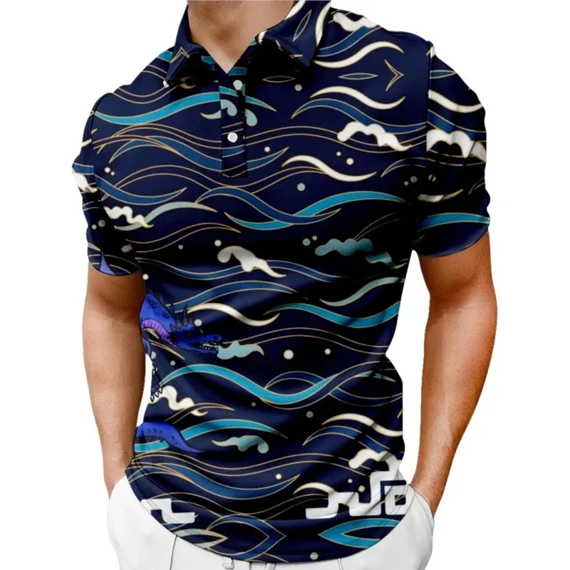 Short sleeved Polo Shirt Asian Chinese Dragon Elements Printed For Men Breathable Casual Business Fashioned Shirt