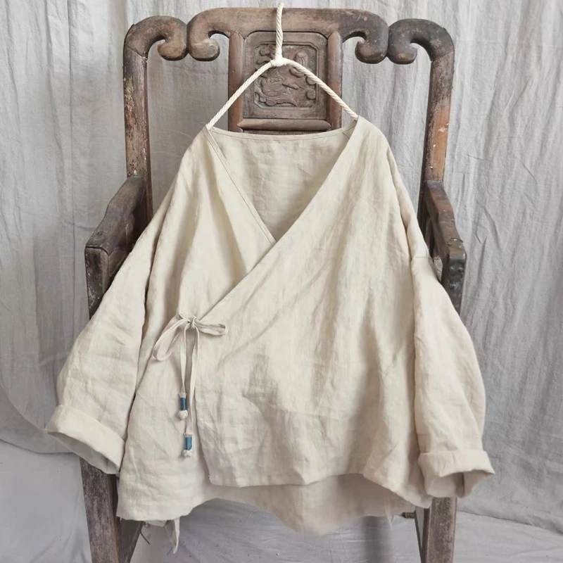 

Рубашка из хлопка и льна с диагональной планкой в стиле ретро, женская весенне-осенняя китайская чайная одежда в стиле дзен, топ с v-образным вырезом