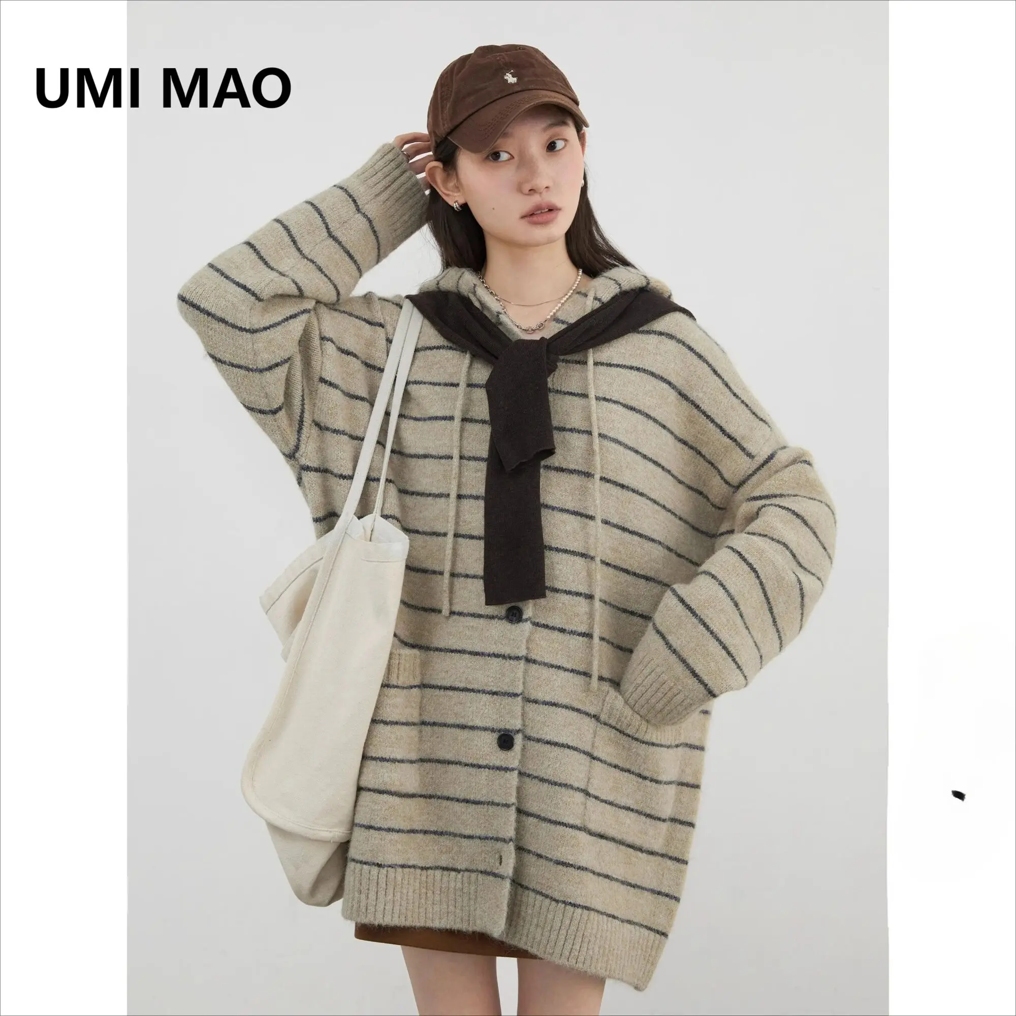 

UMI MAO корейский женский свободный повседневный кардиган с капюшоном вязаные свитера на шнуровке полосатые джемперы женская куртка осень-зима