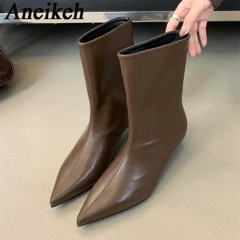 

Aneikeh Pointed Toe Mid-Calf Sewing Women Boots DRESS Thin Heels MATURE 2025 Autumn Boots Solid Women PU Leisure Shoes Concise