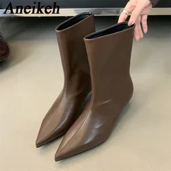 Aneikeh Pointed Toe Mid-Calf Sewing Women Boots DRESS Thin Heels MATURE 2026 Autumn Boots Solid Women PU Leisure Shoes Concise