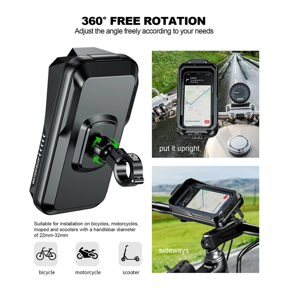 

Waterproof Motorcycle Phone Holder Bike Phone Mount Case Bag Mobile Holder 360° Rotation Aluminium Base for 4.7"-7.2" Cellphones