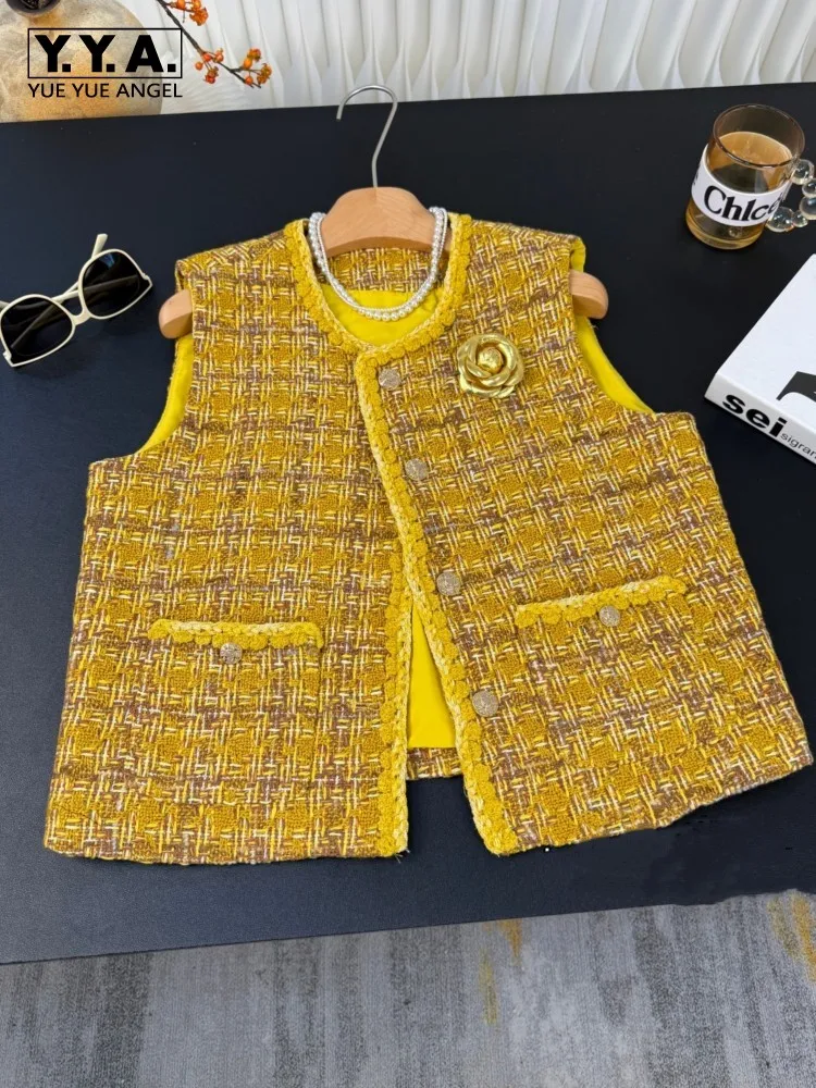 

Женская желтая клетчатая куртка без рукавов, однобортный, с круглым вырезом, повседневный офисный женский жилет, модный осенний дизайнерский элегантный жилет