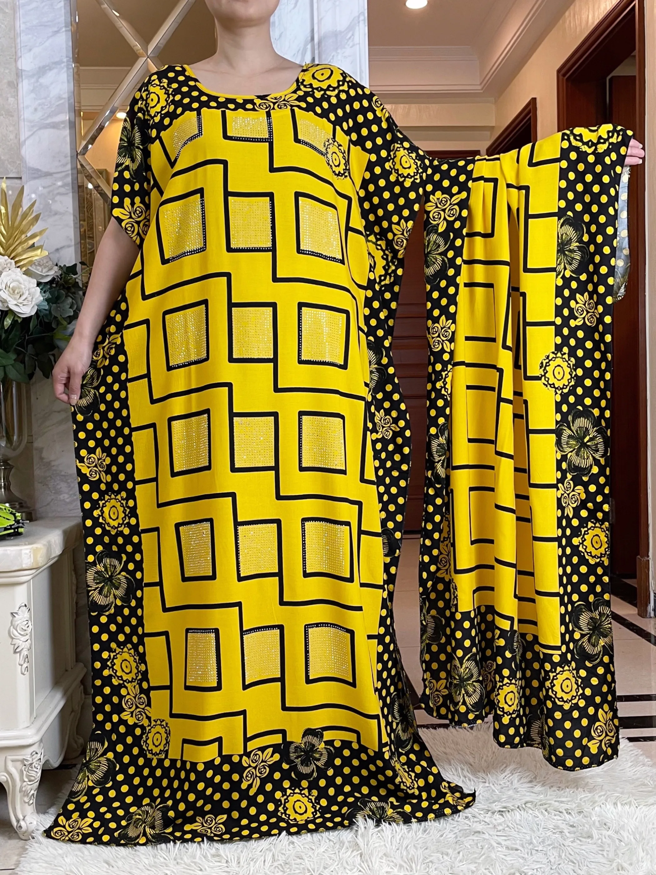 2024 Hot Selling Short Sleeve African Dress With Big Scarf Floral Print Long Cotton Lady Elegant Summer Maxi Casual Loose Abay