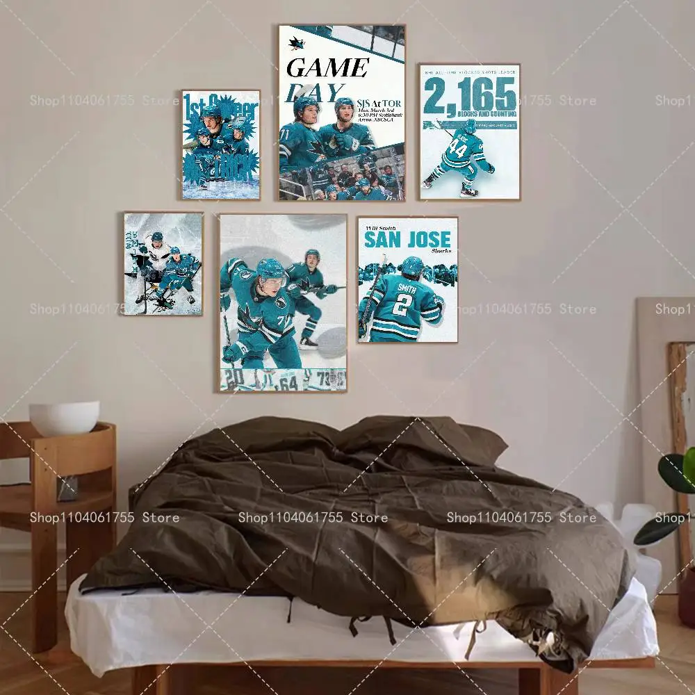 Puck Sport S-San J-Jose S-Sharks Poster Self-adhesive Art Waterproof Paper Sticker Coffee House Bar Room Wall Decor