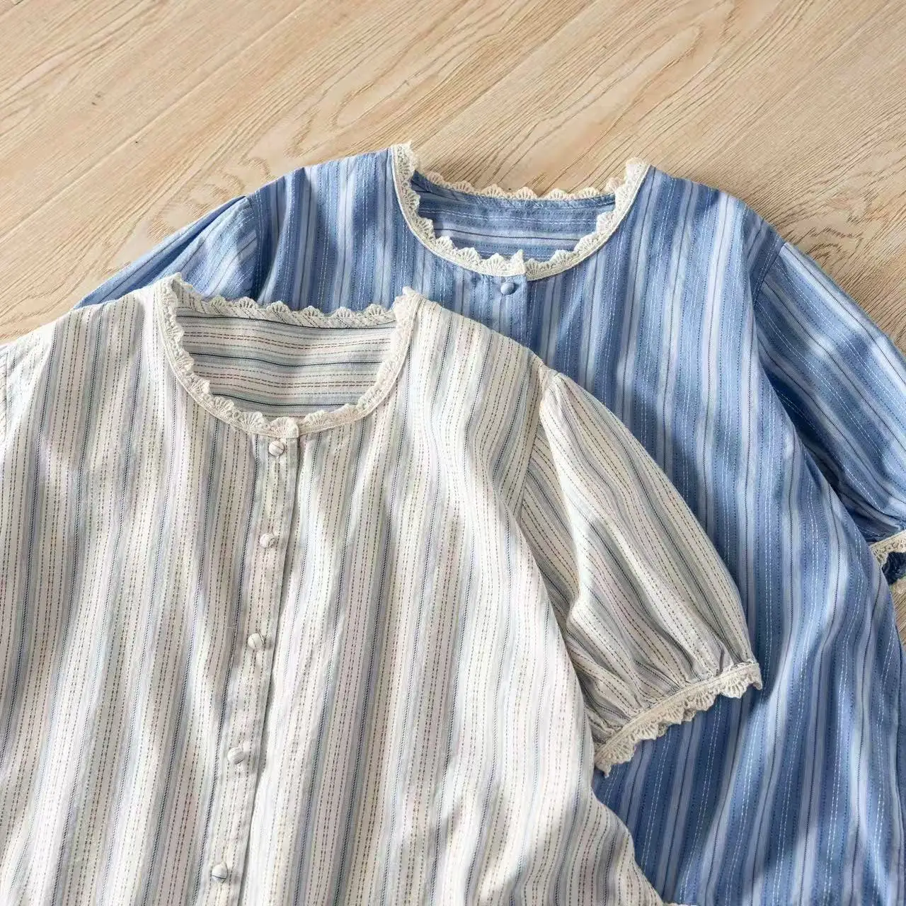 

2026 Women's Striped Blouse Japanese Style Short Puff Sleeve Lace Trim Button Down Casual 100% Cotton Summer Tops