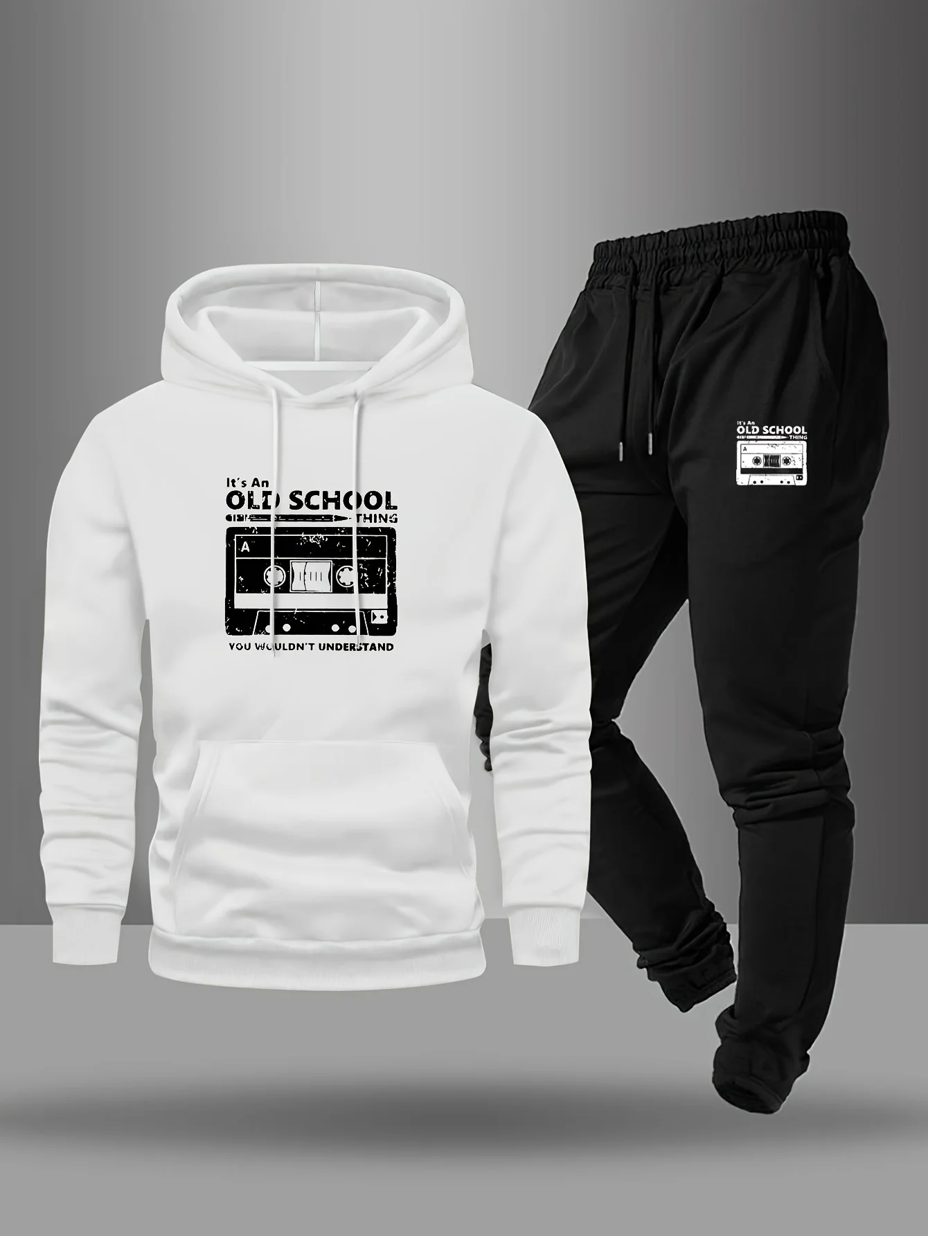 Ensemble assorti 2 pièces pour homme : sweat à capuche décontracté à motif créatif avec cordon de serrage et poches, et pantalon de sport long à cordon de serrage