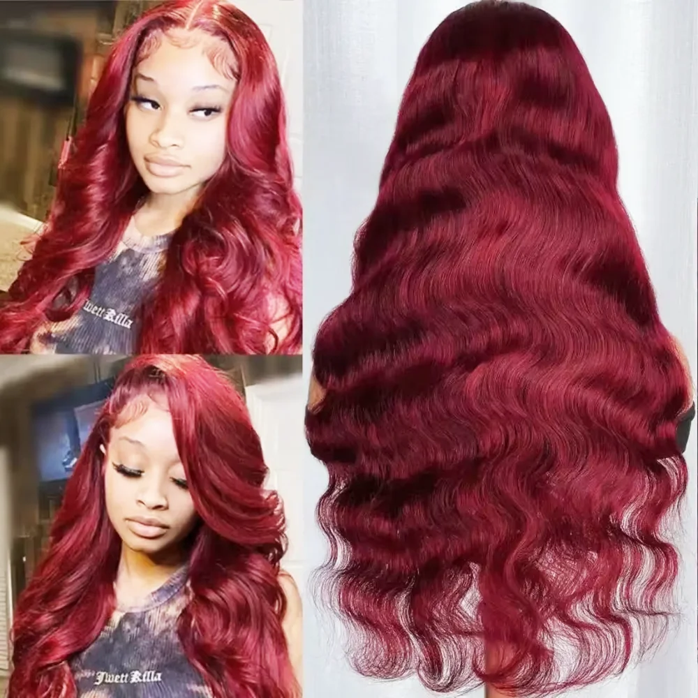 99J Dark Burgundy Colored Body Wave With Bangs Human Hair Wig 13x6 Lace Frontal Wig 13X6 Red Lace Front Human Hair Wigs 13X4 Burgundy 99J Lace Front Wigs Pre Plucked Black Women view 3