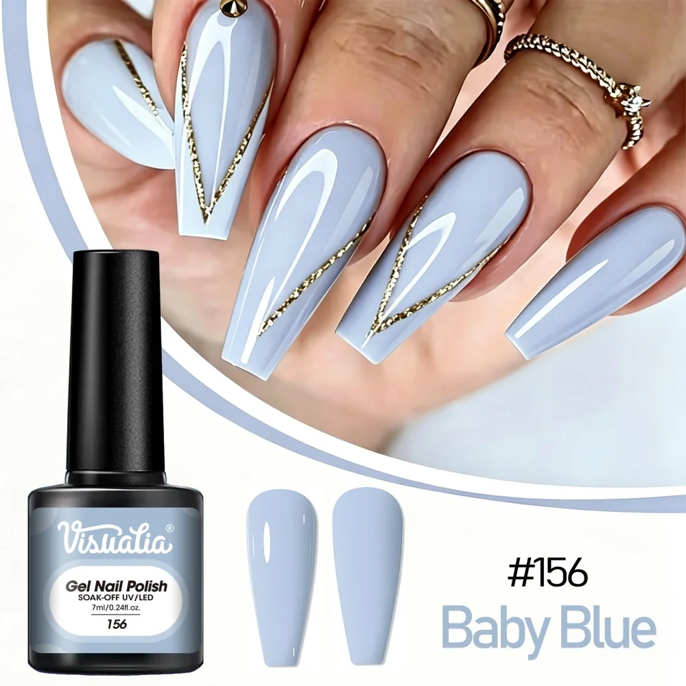 Visuatia 7ml Baby Blue Nail Gel, UVLED Removable Phototherapy Gel. Clean light milk blue, rich in color. Versatile color palette, the top choice for gentle manicures, creating a fresh and soft fingertip effect, suitable for both home DIY and nail salons