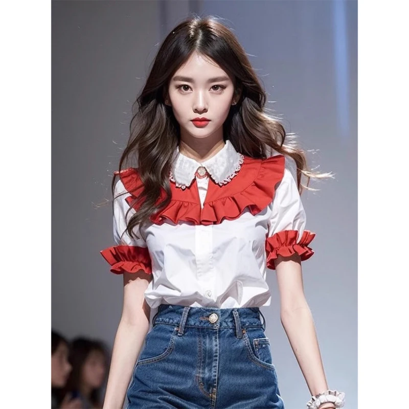 

Summer Chic Sweet Spicy ort Sve irt Korean Sle Color Blo Lace Trim Blouse Youthful Red White Colion BLOUSE