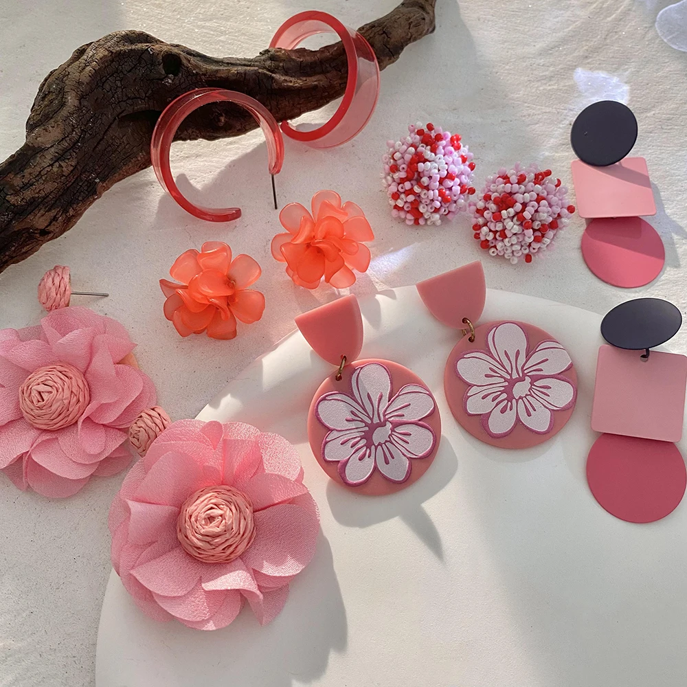 Lifefontier Handmade Red Acrylic Geometric Floral Wedding Bride Drop Earrings For Women Temperament Jewelry Flower Earring Gift