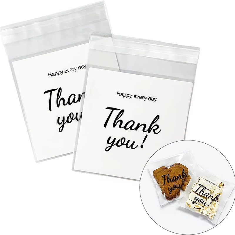 100Pcs/Pack Thank You Clear Bags Self Adhesive Candy Cookie Bakery Bags Self Adhesive Individual Gift Pastry Bags