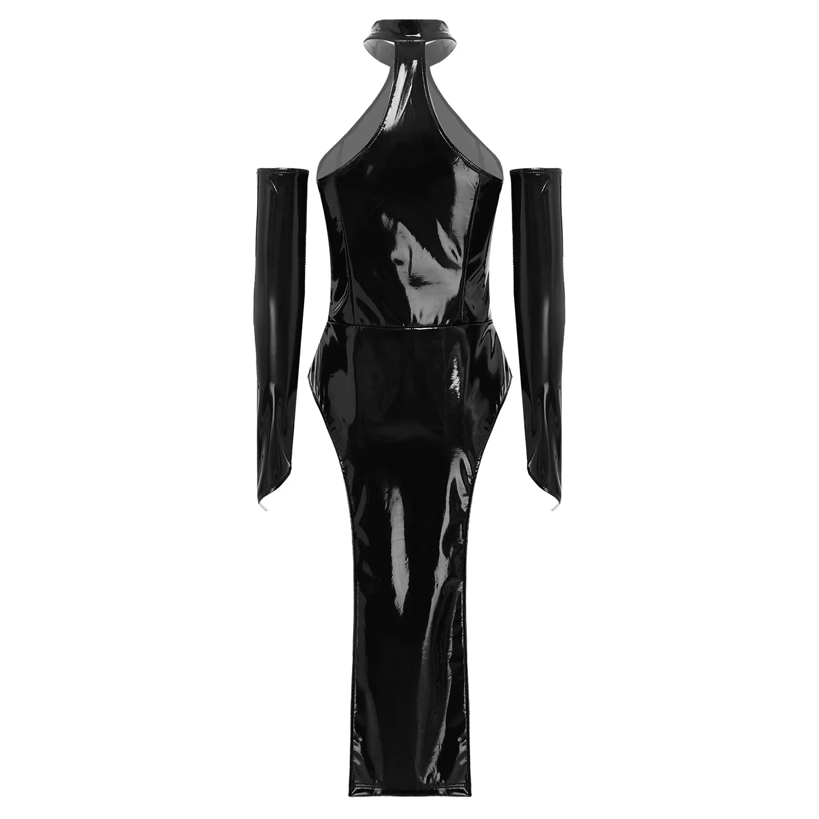 Womens Wet Look Patent Leather Dress with Removable Sleeves Halter Sleeveless Bodycon Dress Tempting Knee-length Dress Club Wear