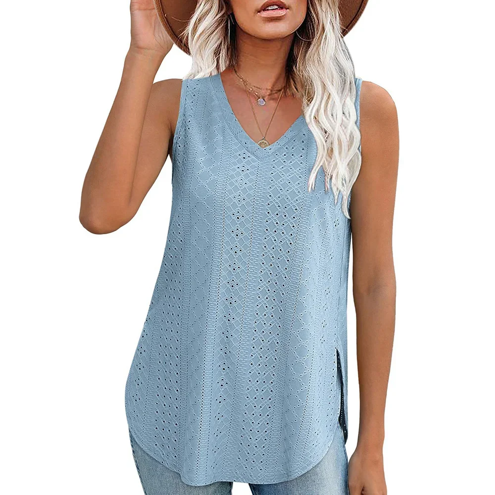 Casual Summer Hollow Out V Neck Sleeveless Blouses for Women Fashion Elegant Loose Tank Tops for Women Solid Pullover Tunic