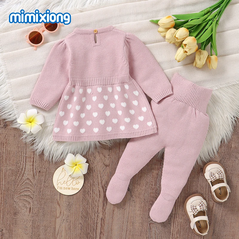 Autumn Baby Girls Clothes Fashion Bowknot Knit Sweaters Dress Tops+Leggings Newborn Infant 2pcs Outfits Sets 0-9m Children Suits