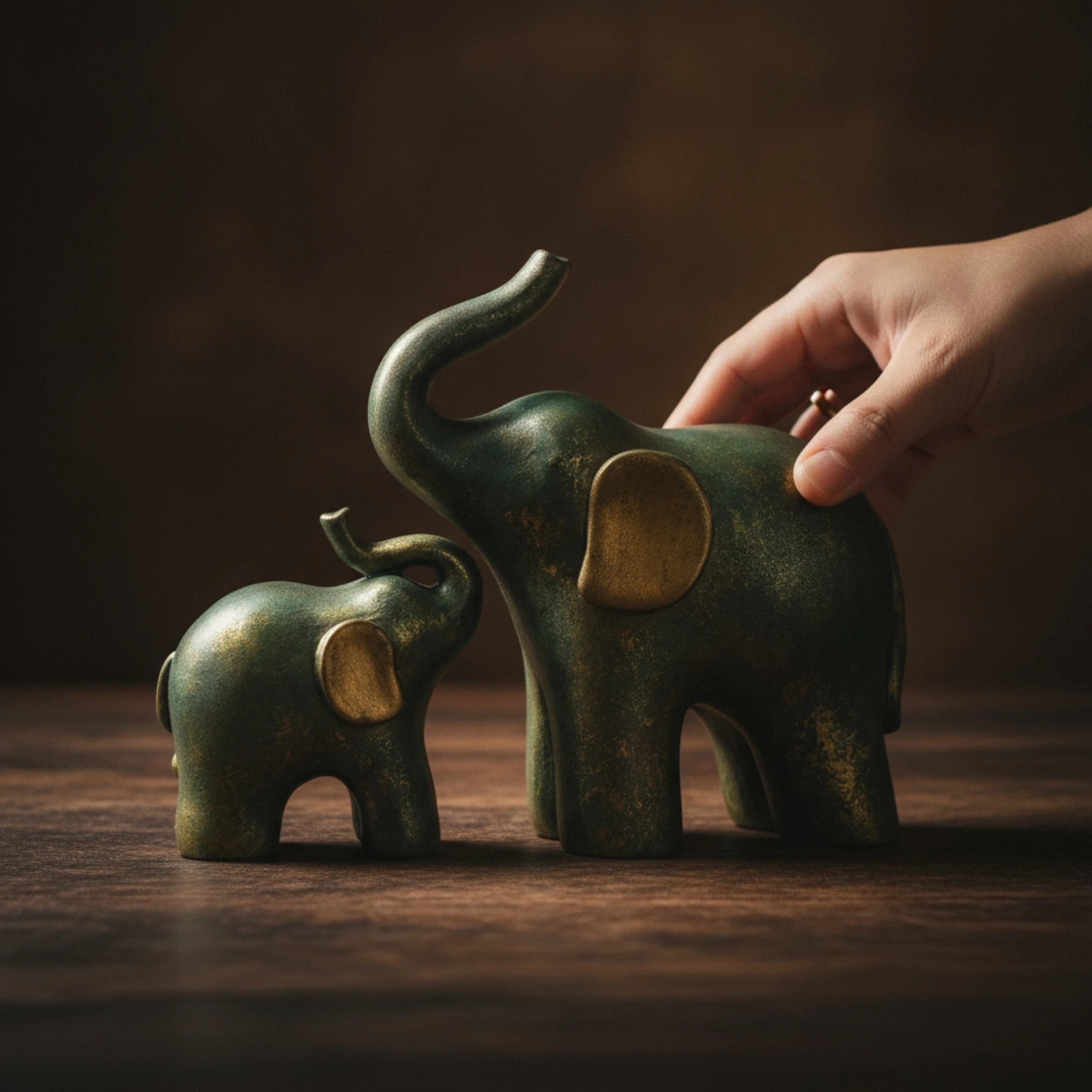 2 Pieces Elephant Figurine with Gold Ears Antique Green Elephant Statue with Gold Ears Decor Stylized Sculptural