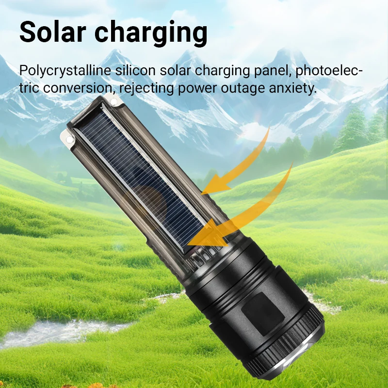 COBA Solar Rechargeable Flashlight Zoomable Super Bright White Laser Beads Lamp Multifunction Camping Telescopic Focusing Torch