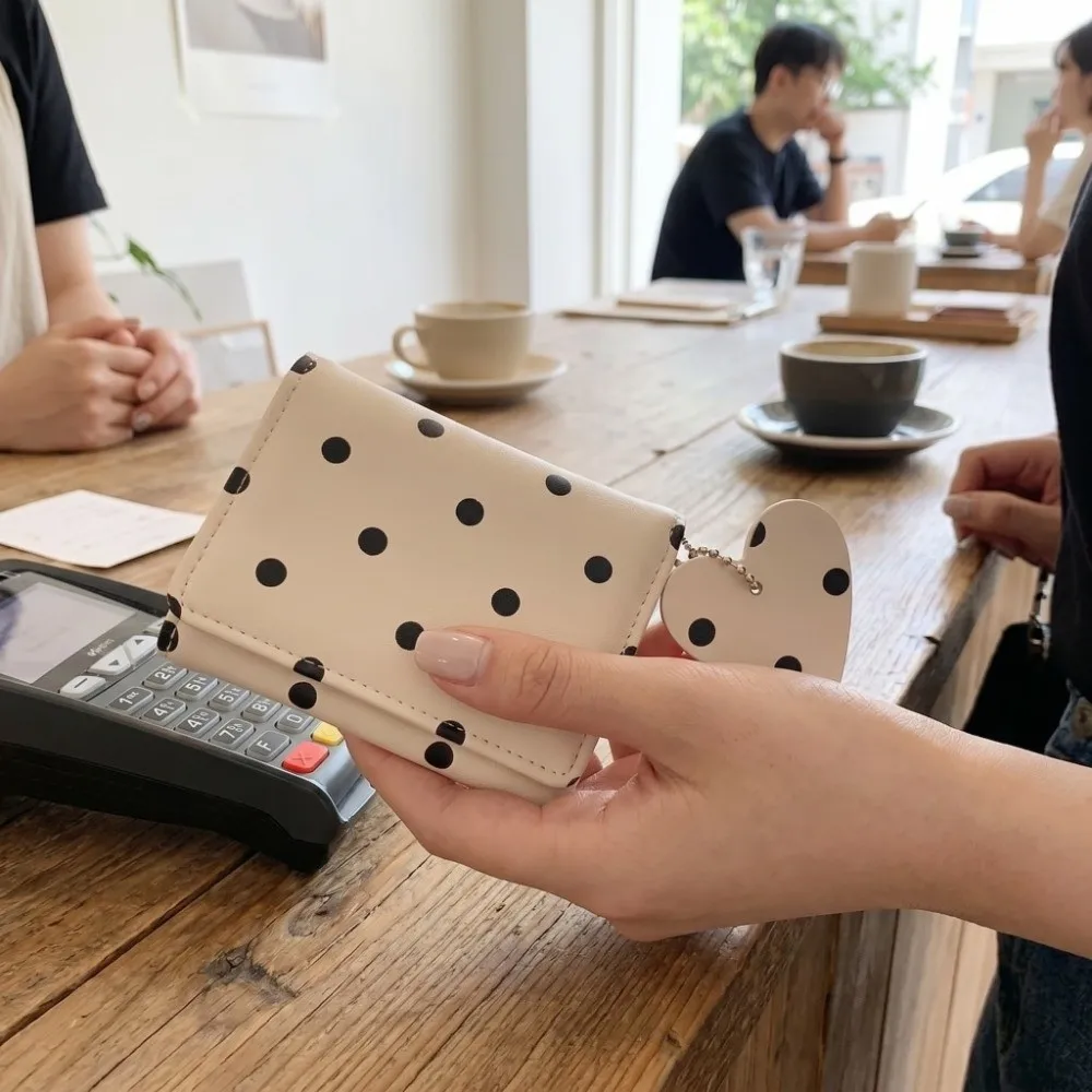 Kawaii Sweet Trifold Polka Dot Wallet Multi-functional Heart Pendant PU Card Holder Lightweight Multi-card Slot Coin Purse Girls