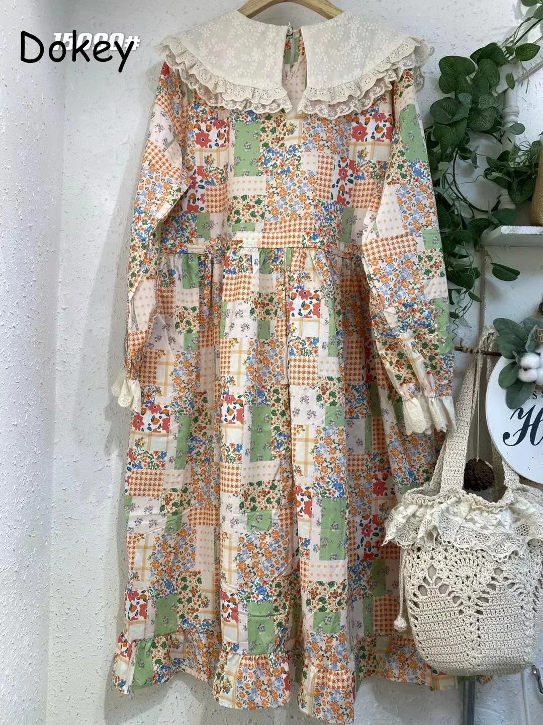 Vintage Embroidery Cotton Linen Flower Dress for Women, Japan Style, Kawaii Lace, Peter Pan Collar, Long Sleeve, Lolita Midi Dre