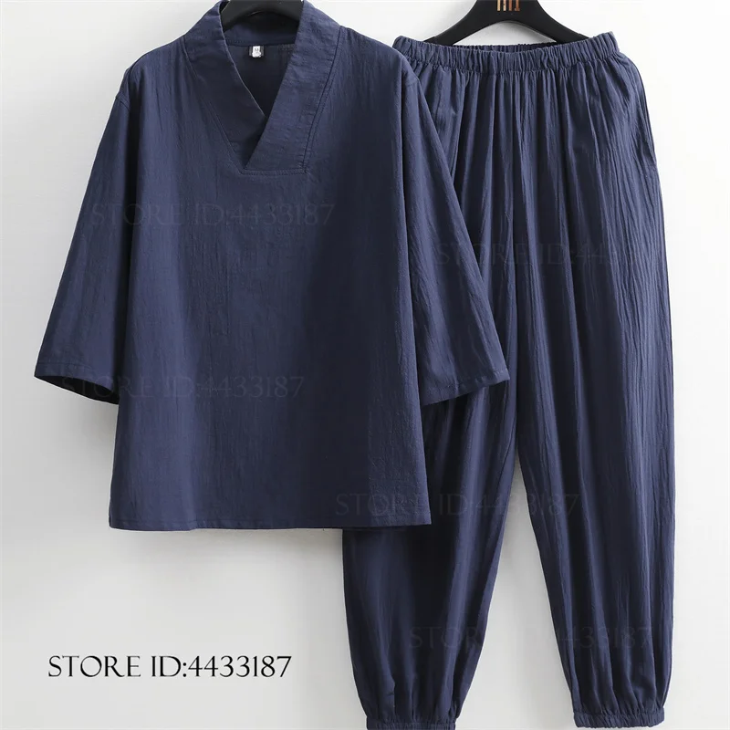 

Комплект для дома и отдыха в китайском традиционном стиле: винтажный костюм ханьфу больших размеров с короткими рукавами, брюками, из хлопка и льна, униформа для кунг-фу и тай-чи