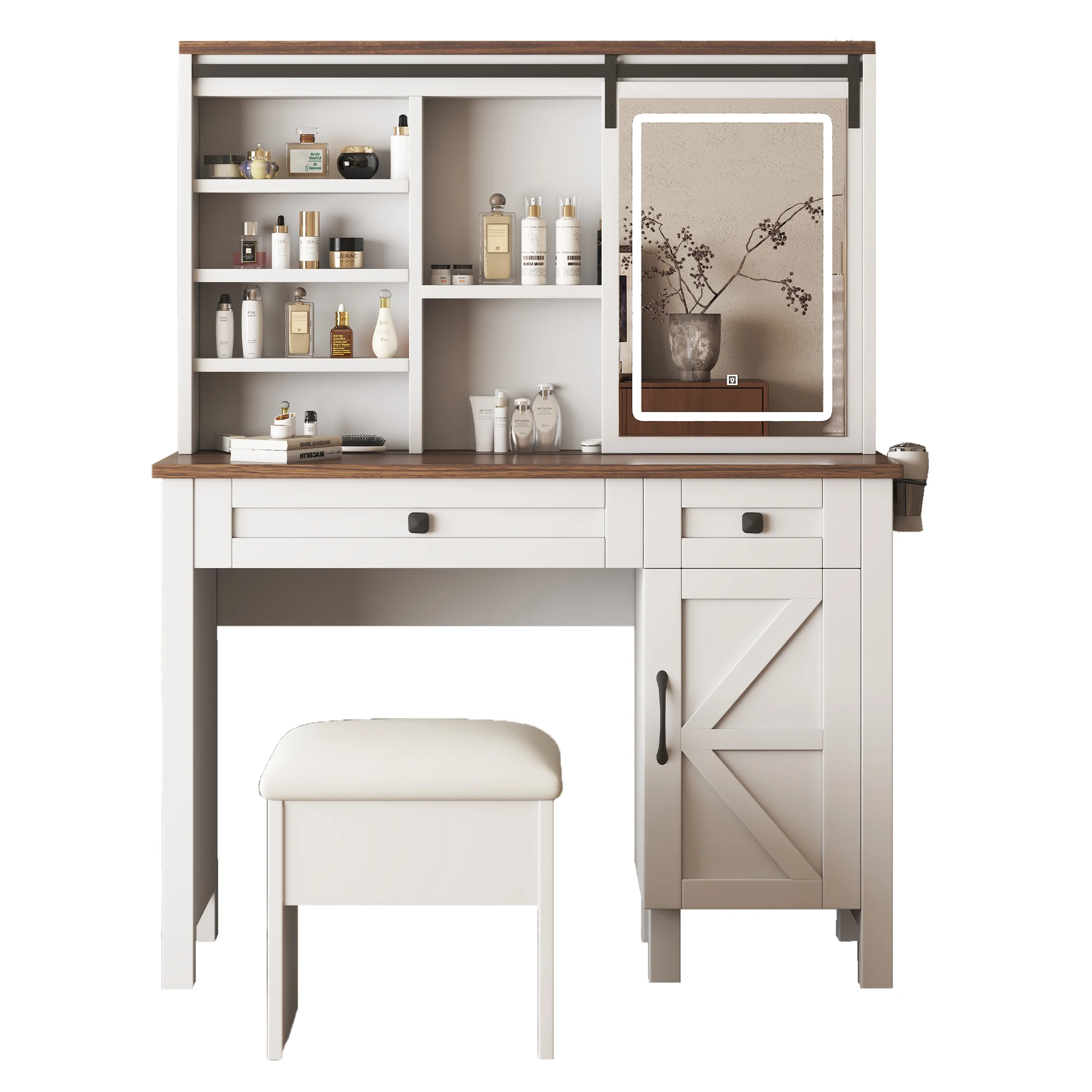 Farmhouse Makeup Vanity Desk Set With Sliding Mirror Lights Hairdryer Holder and Charging Socket Multilayer Storage Shelves