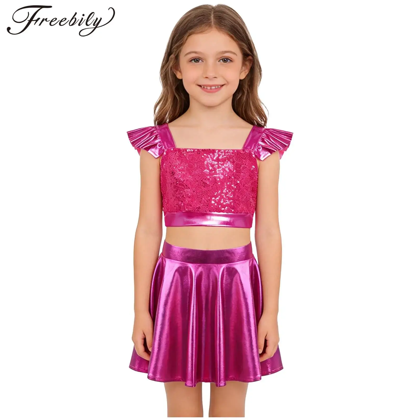 Kids Girls Metallic Jazz Dance Outfit Ruffled Sleeves Sparkly Sequins Crop Tops with Flared Skirt for Cheerleading Performance