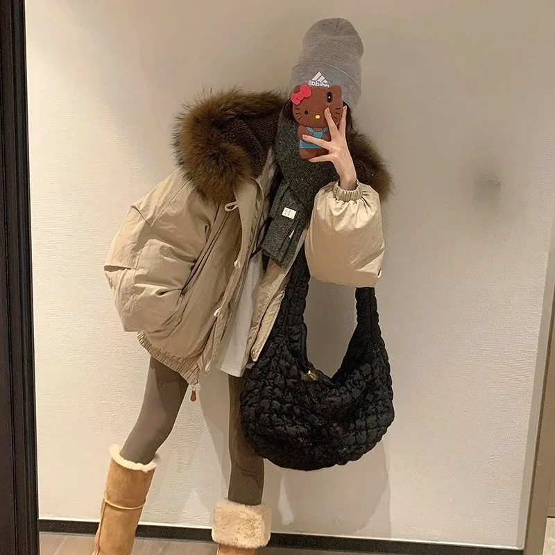 Coat New Winter Style of American Retro Hooded Cotton-padded Jacket with Large Fur Collar and Thick Horn Buttons Warmth Jacket