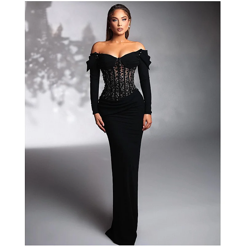 

Luxury Diamonds Sexy See through Off The Shoulder Black Floor Lenght Dress Graceful Woman Evening Dress Celebrity Party Vestido