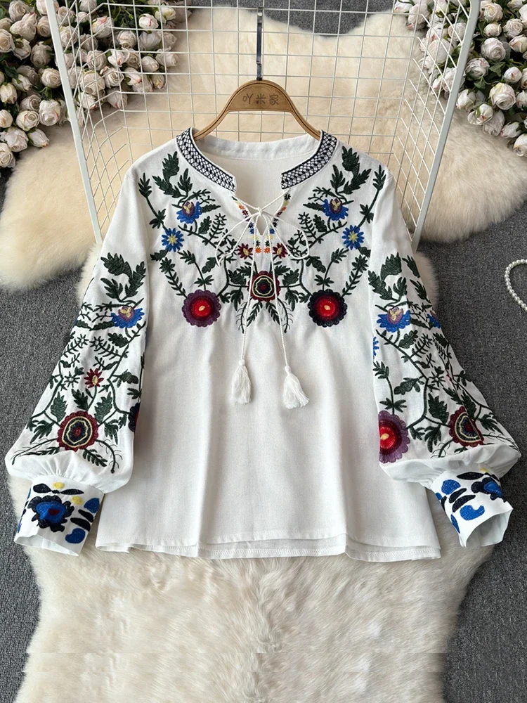 Women\'s Retro Blouse National Style Embroidered Lace-Up Tassel V-Neck Lantern Sleeve Tops Loose All-Match Female Blusa A21