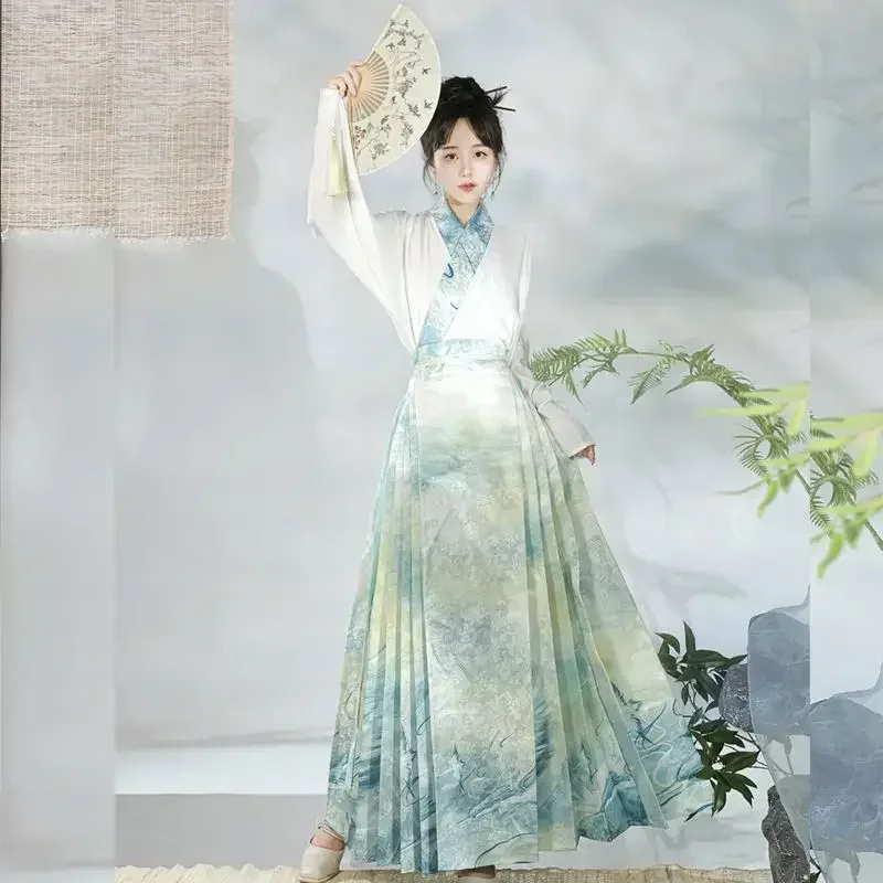 Vestido Hanfu Chinês Tradicional Feminino, Estampado Guindaste, Saia Rosto de Cavalo, Vestidos de Festa Diários, Moda Original, 2023