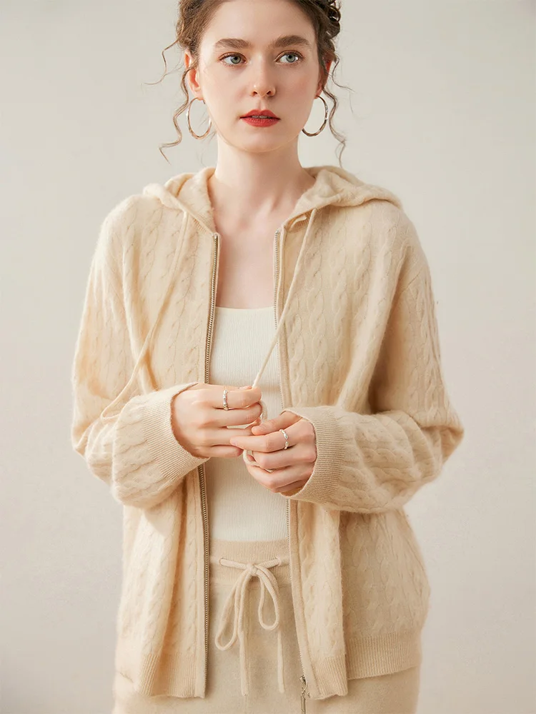 

Hooded Cable Stitch 100% Cashmere Sweater Autumn Winter Women's Casual Cardigan Soft Warm Lazy Preppy Style Female Clothing Tops