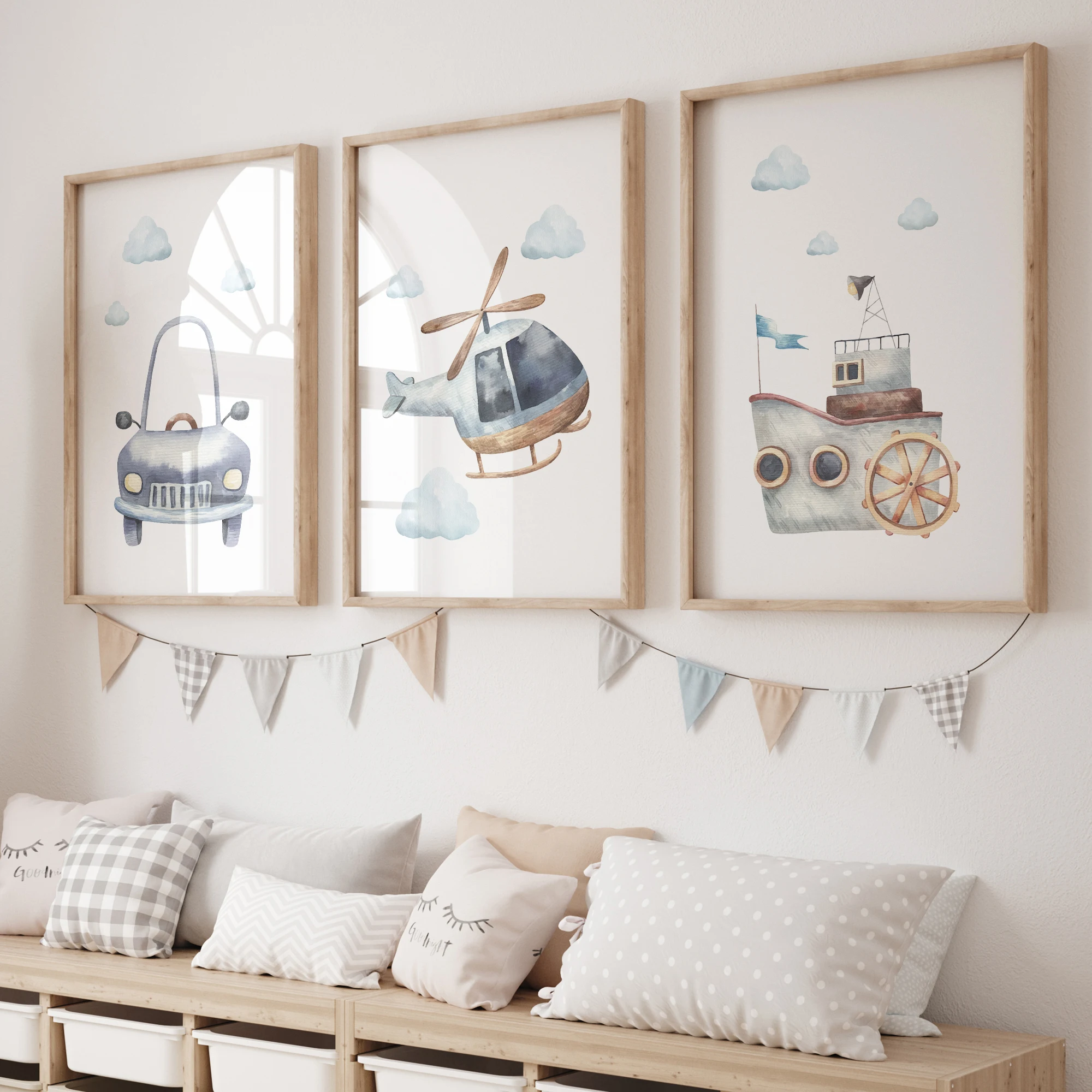 Cartoon-Wandkunstdruck mit einfachen Aquarellautos, Flugzeugen und Schiffen, Leinwandgemälde, Poster, Bild für Kinderzimmer, Wohnzimmer, Heimdekoration