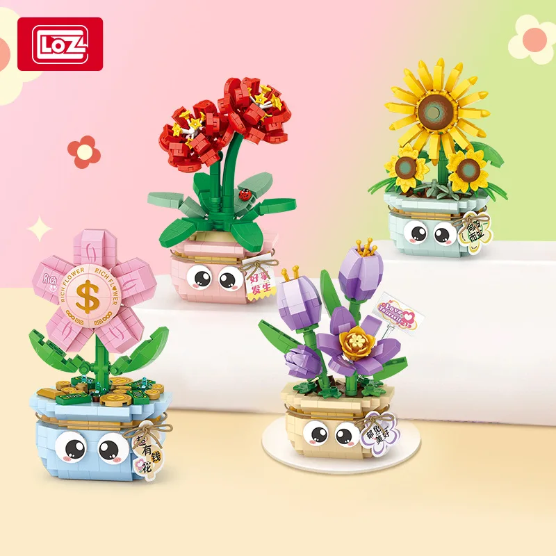 LOZ Plant Series Potted Roses Sunflowers Building Blocks DIY MOC Model Artificial Flower Desktop Decor Adult Collectible Gift