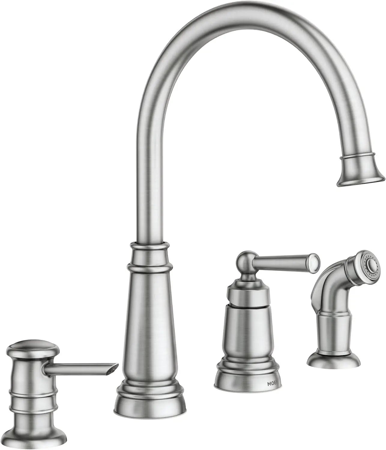 

87042SRS Edison Spot Resist Stainless One-Handle High Arc 4-hole Kitchen Faucet with Side Sprayer and Soap Dispenser