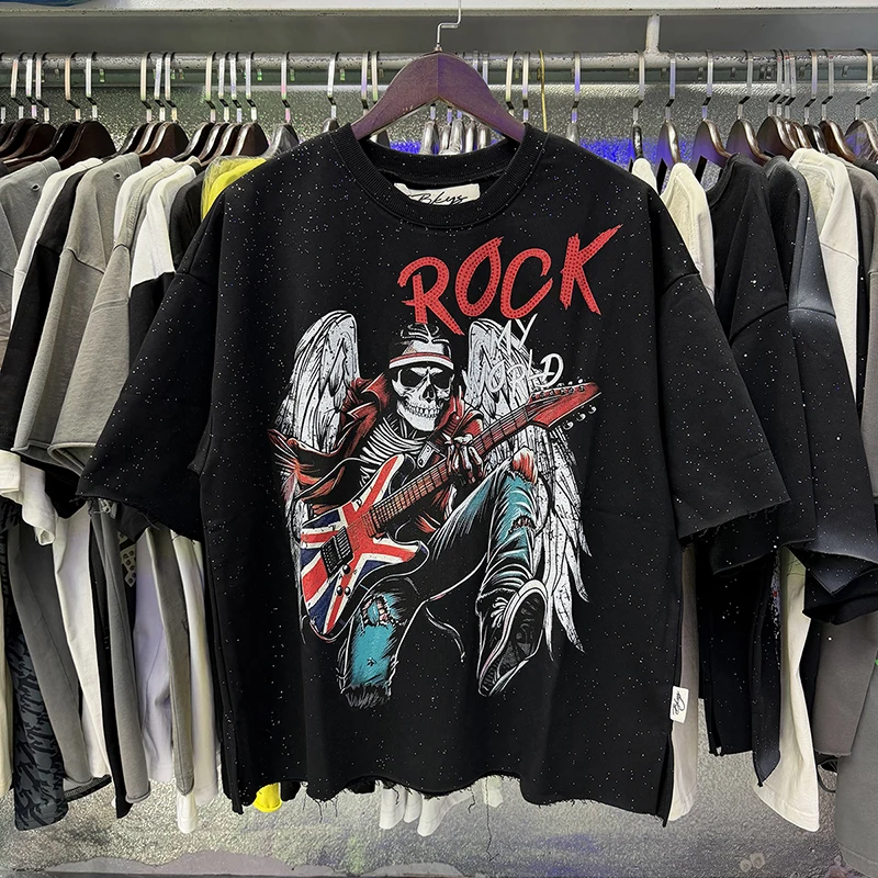 BKYS T-Shirt Rock Skull Guitarist Print Short Sleeve T-Shirt Men Women Streetwear Loose Fit Vintage Rhinestone Top Summer