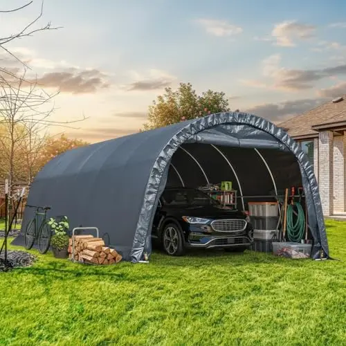 12 x 24 FT Heavy Duty Carport, Portable Garage with Reinforced All-Steel Frame and Round Style Roof, Anti-Snow All