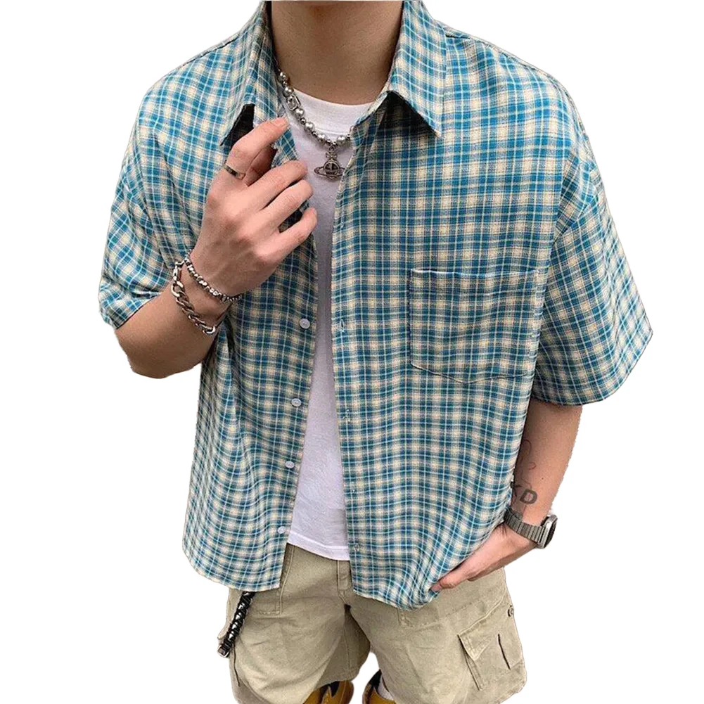 Men's Plaid Vintage Lapel Casual Short Sleeved Shirts Streetwear Korean Loose Tops Daily Retro Blouse