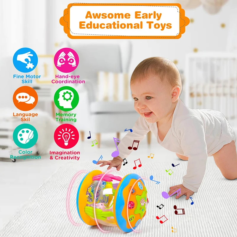 Baby 4 in 1 Tummy Time Crawling Toy Early Learning Sea Animals Sensory Toy Light Up Musical Projector for Infant Toddler Gifts