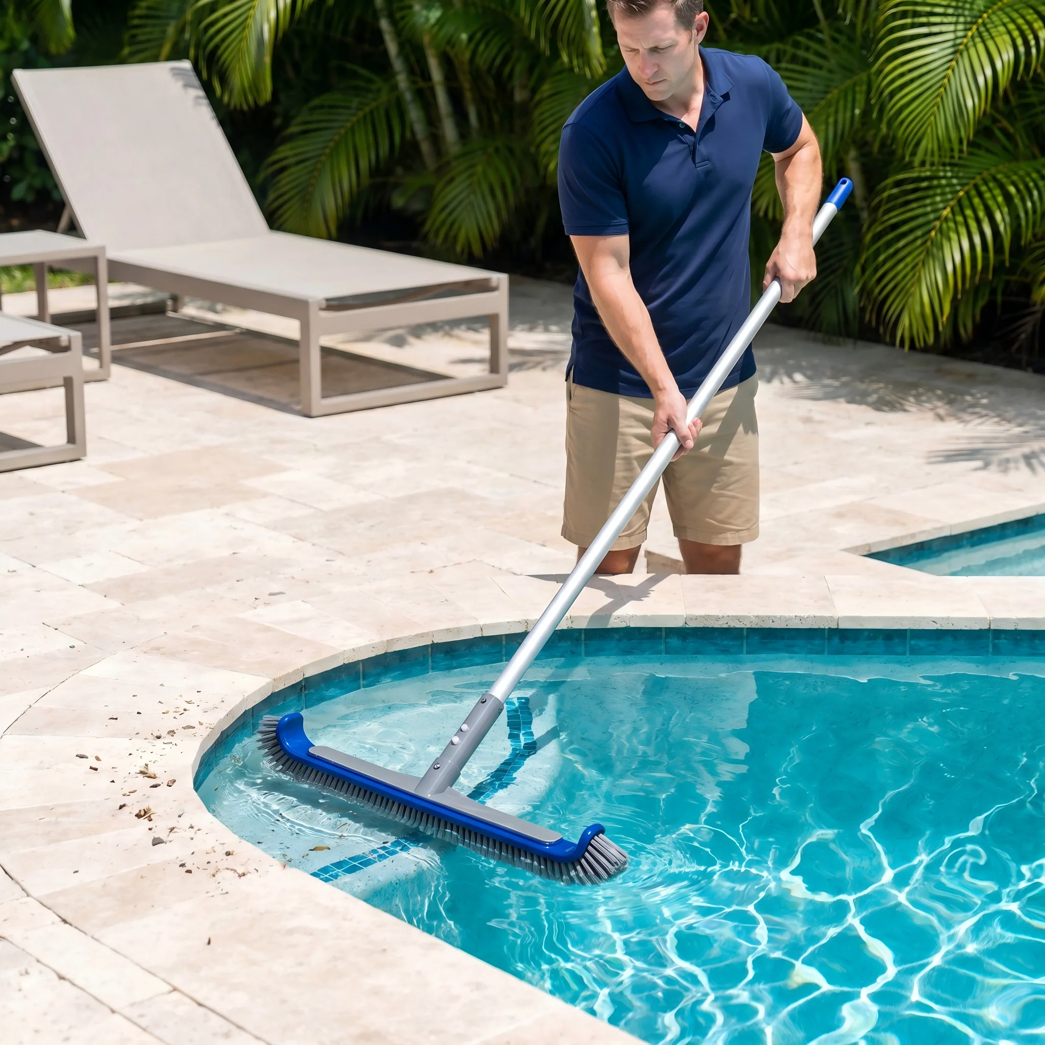 Heavy Duty Pool Brush Head with Detachable Aluminum Handle for Pool Wall Steps Corner Cleaning