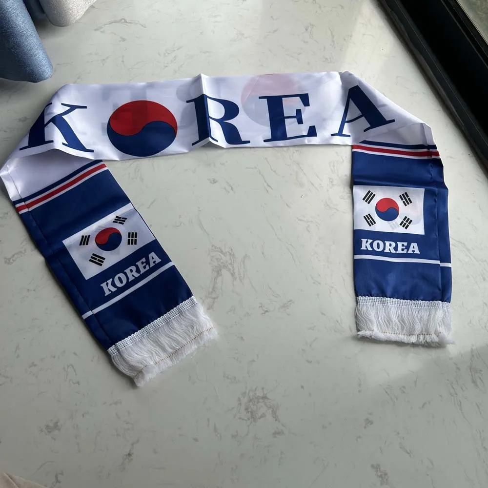 (SKY FLAG)South Korea Scarf 14x135cm Double-sided Satin South Korea Flag Scarf Tassels Suitable for Football cup, Sports, Events