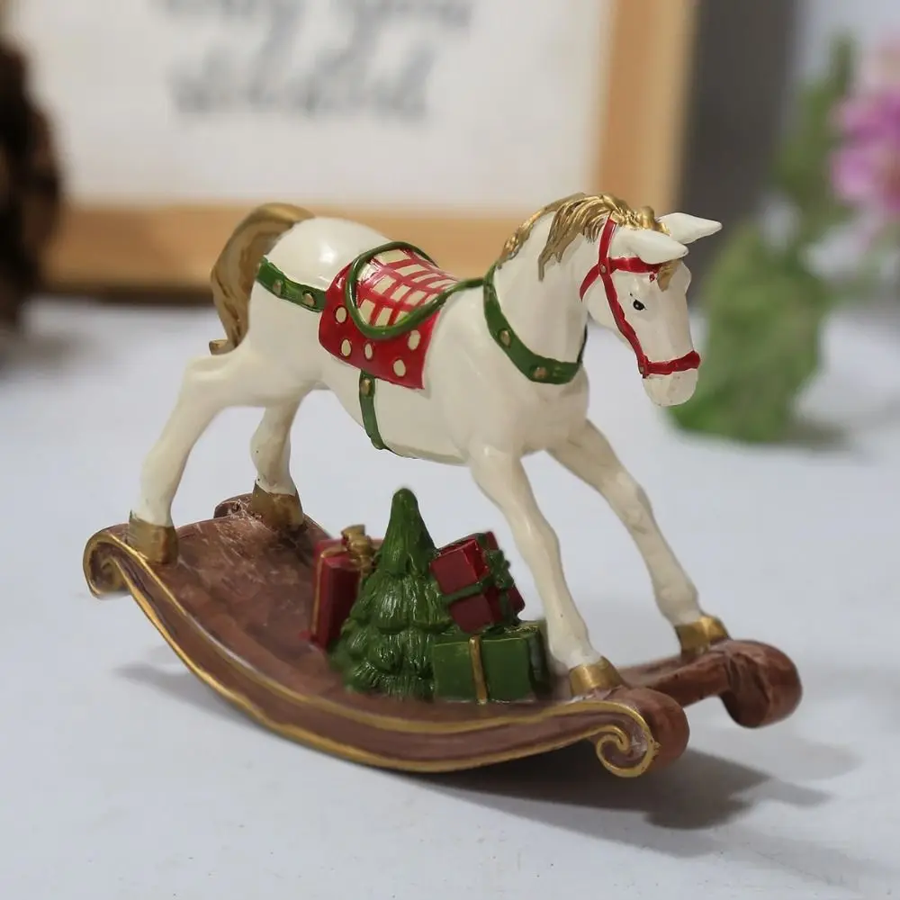 Fashion Handmade Christmas Rocking Horse Cartoon Painting Resin Horse Statue Cute Horse Figurine Kid Room