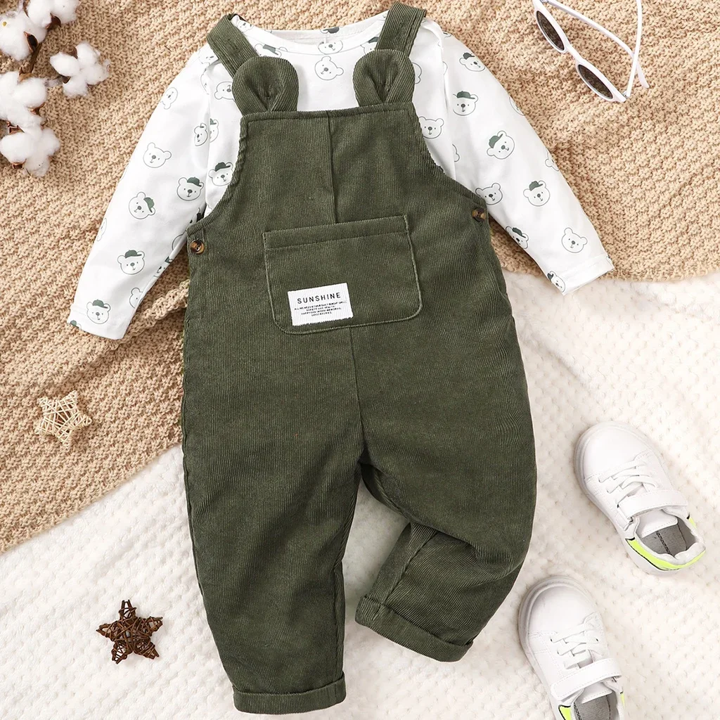 3-24 Months Toddler Baby Boy 2PCS Clothing Set Bear Print Bodysuit with Green Overall Fashion Cute Autumn and Winter Costumes