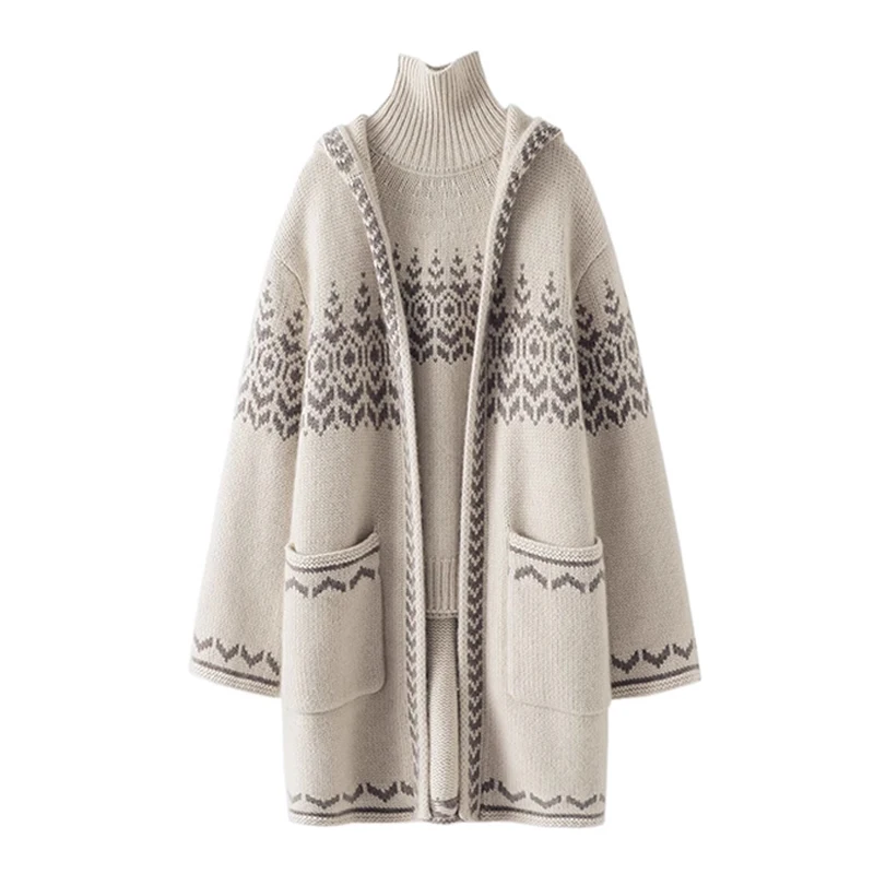 

TLOML Autumn Winter Women Wool Long Jacquard Knitting Cardigan Thick Hoodie Casual Style 100% Merino Wool Knitwear Coat Jacket